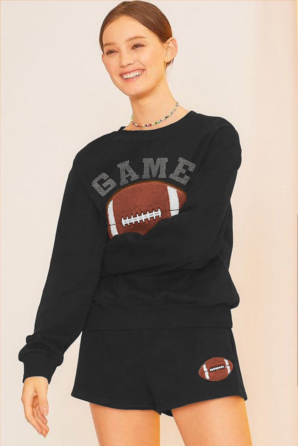 Black GAME DAY Rugby Football Graphic Pullover and Shorts Casual Outfit - Image 2