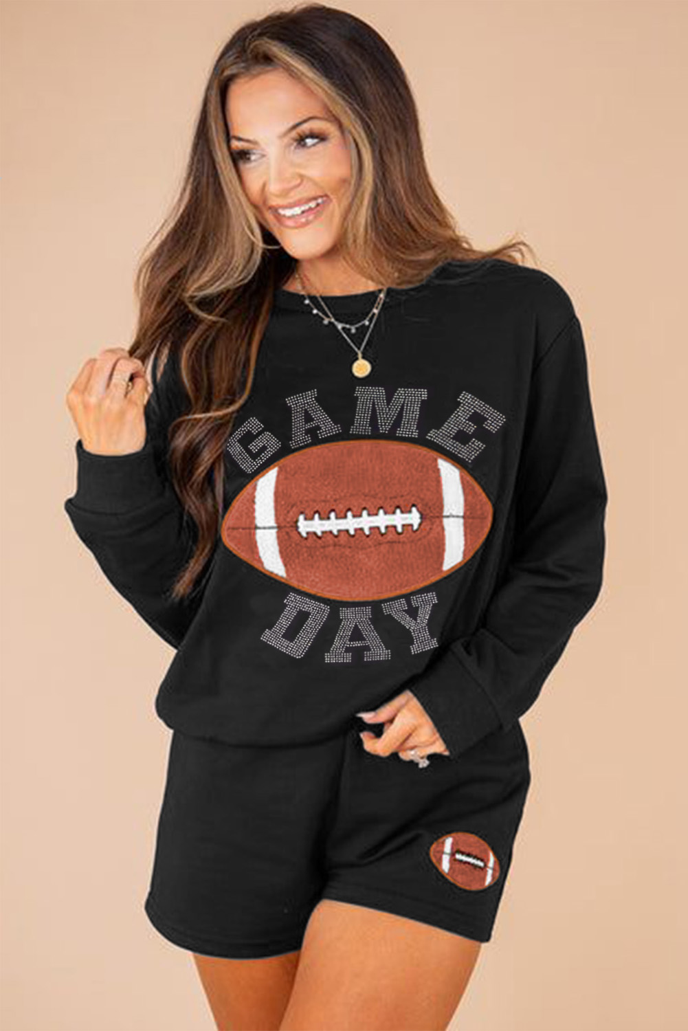 Black GAME DAY Rugby Football Graphic Pullover and Shorts Casual Outfit - Image 4