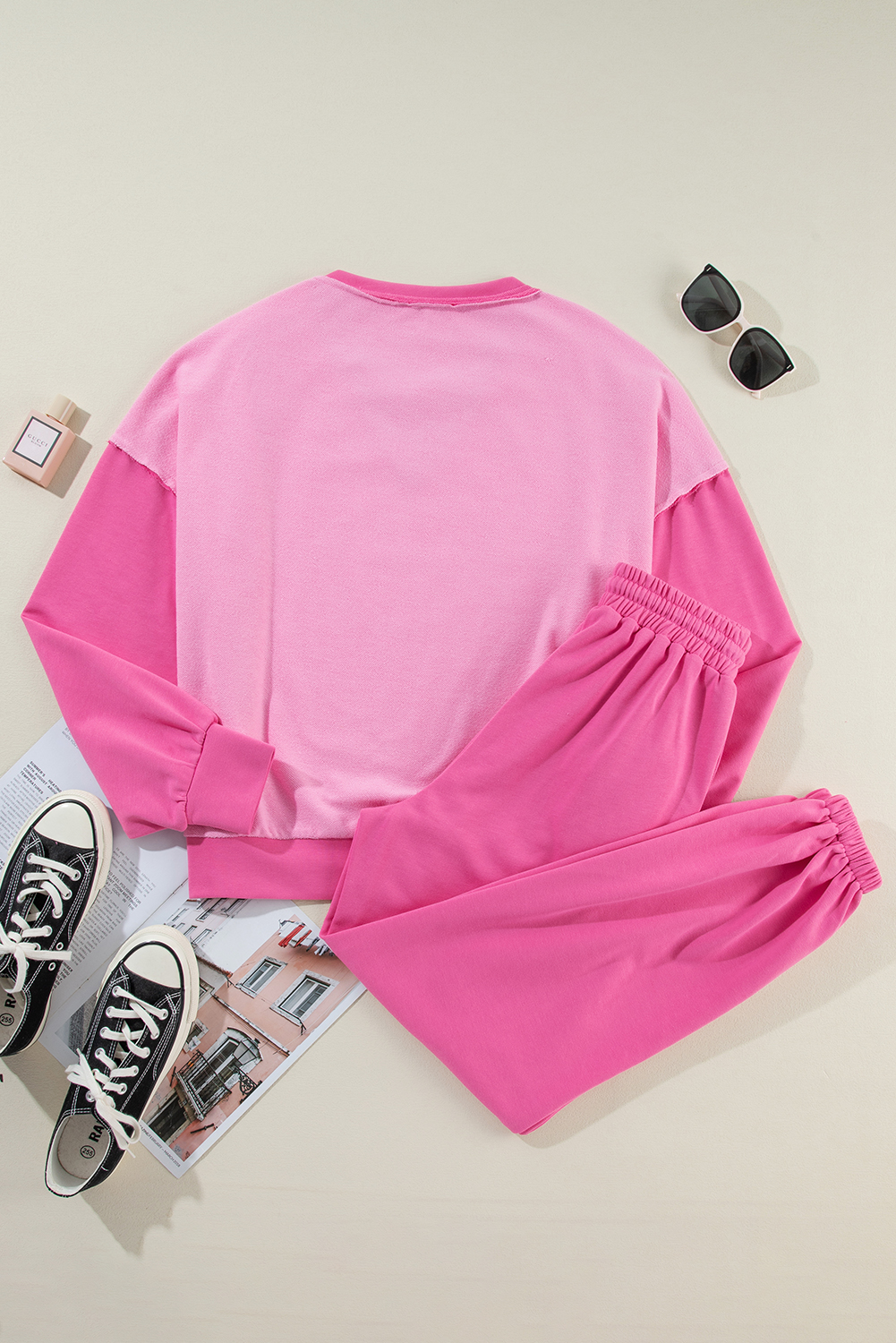 Bonbon Contrast Patchwork Pullover and Drawstring Joggers Set - Image 5