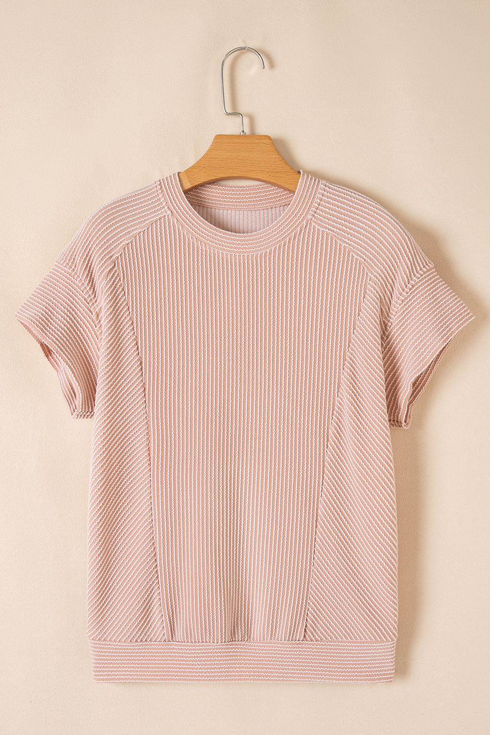 Smoke Gray Solid Corded Knit Short Sleeve T Shirt and Wide Leg Pants Set - Image 5