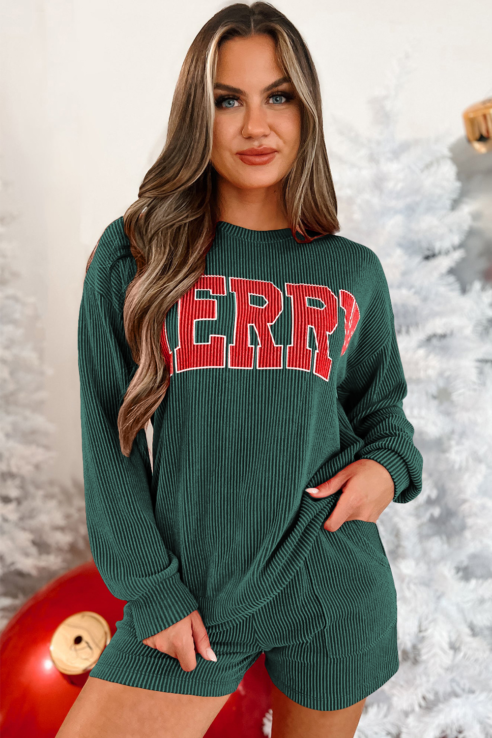 Evergreen Corded MERRY Graphic Long Sleeve Top and Shorts Set - Image 4