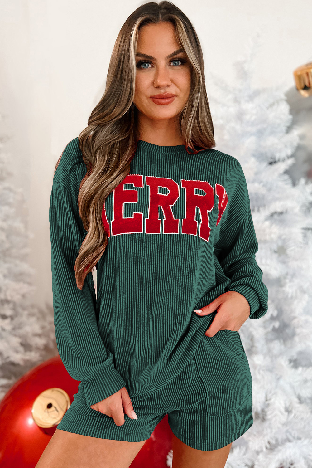 Evergreen Corded MERRY Graphic Long Sleeve Top and Shorts Set - Image 5