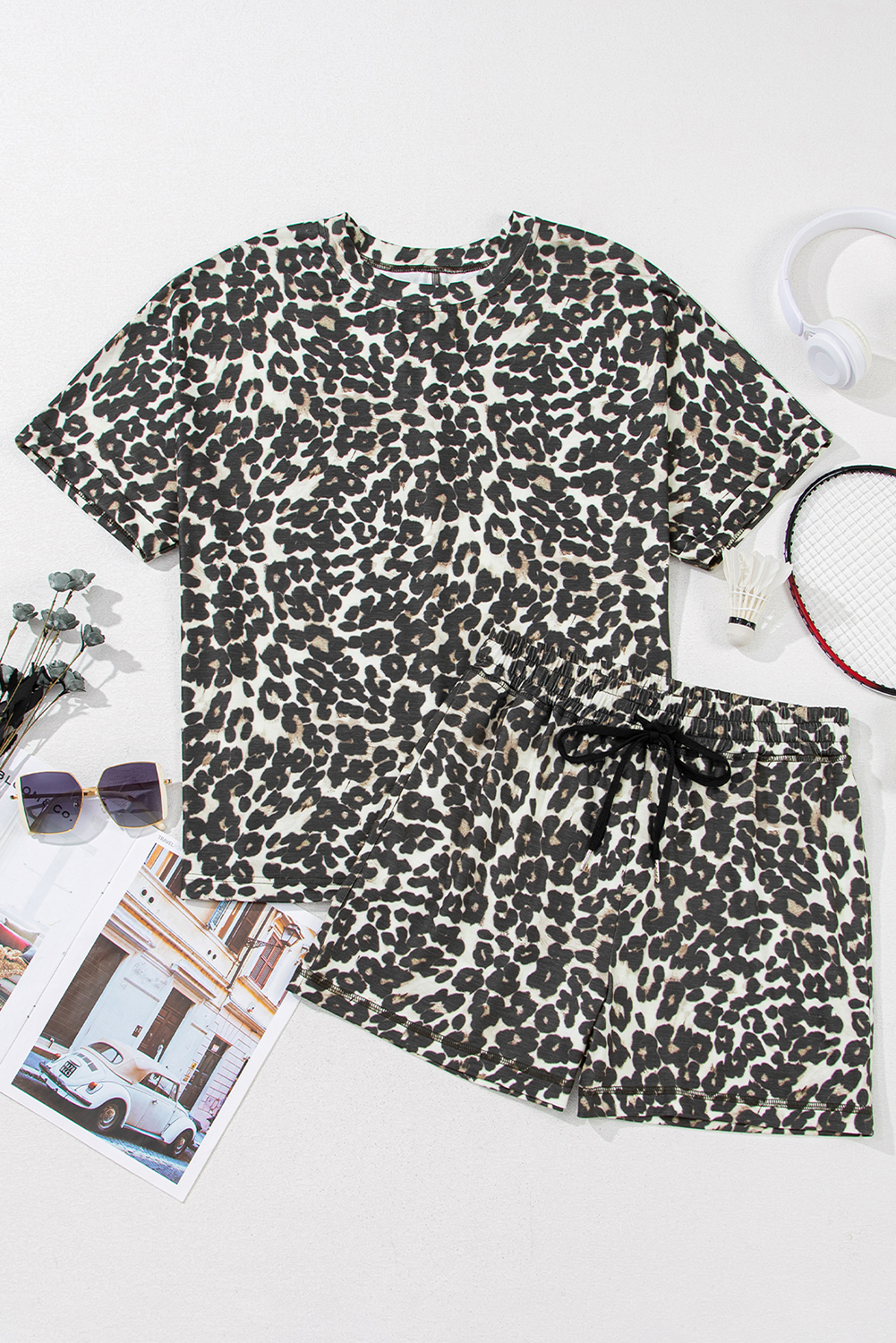Black Cheetah Printed Casual Tee and Shorts Lounge Set - Image 7