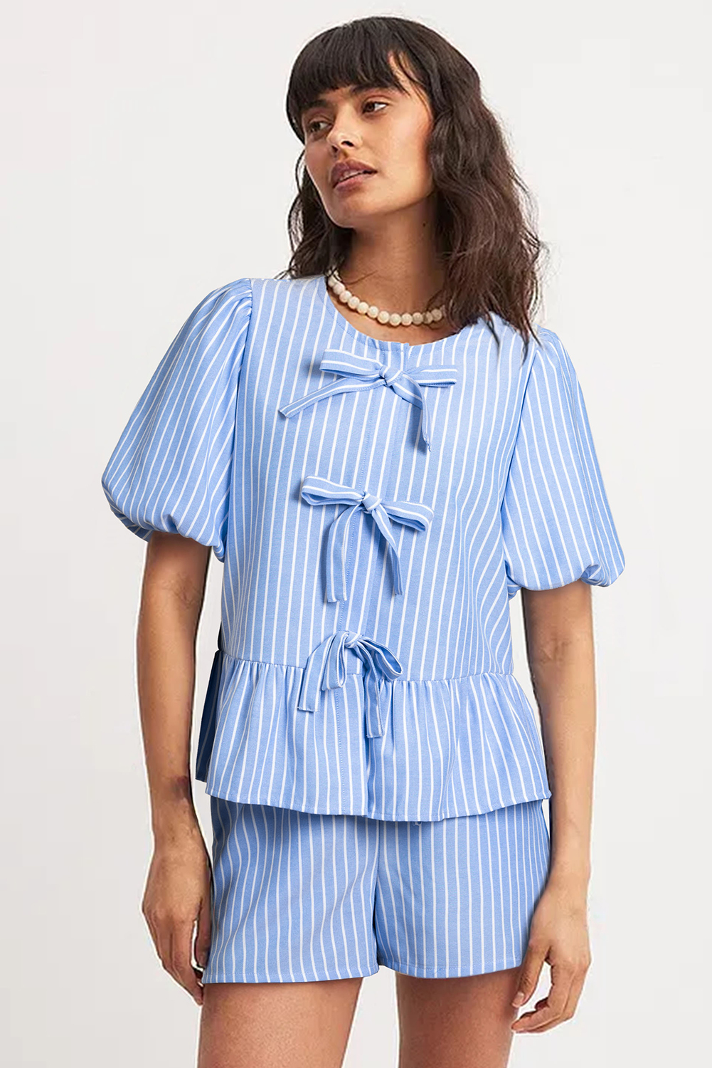Sky Blue Striped Bowknot Detail Puffy Sleeve Top and Shorts 2Pcs Set - Image 3