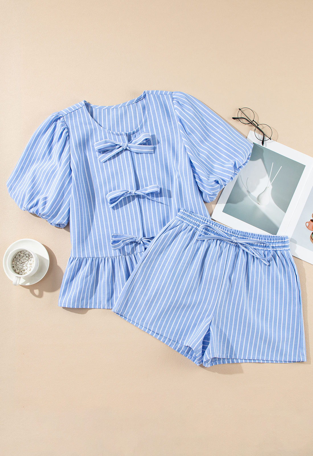 Sky Blue Striped Bowknot Detail Puffy Sleeve Top and Shorts 2Pcs Set - Image 4