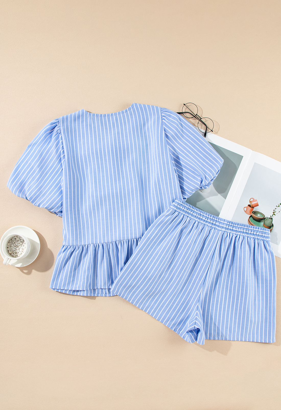 Sky Blue Striped Bowknot Detail Puffy Sleeve Top and Shorts 2Pcs Set - Image 5