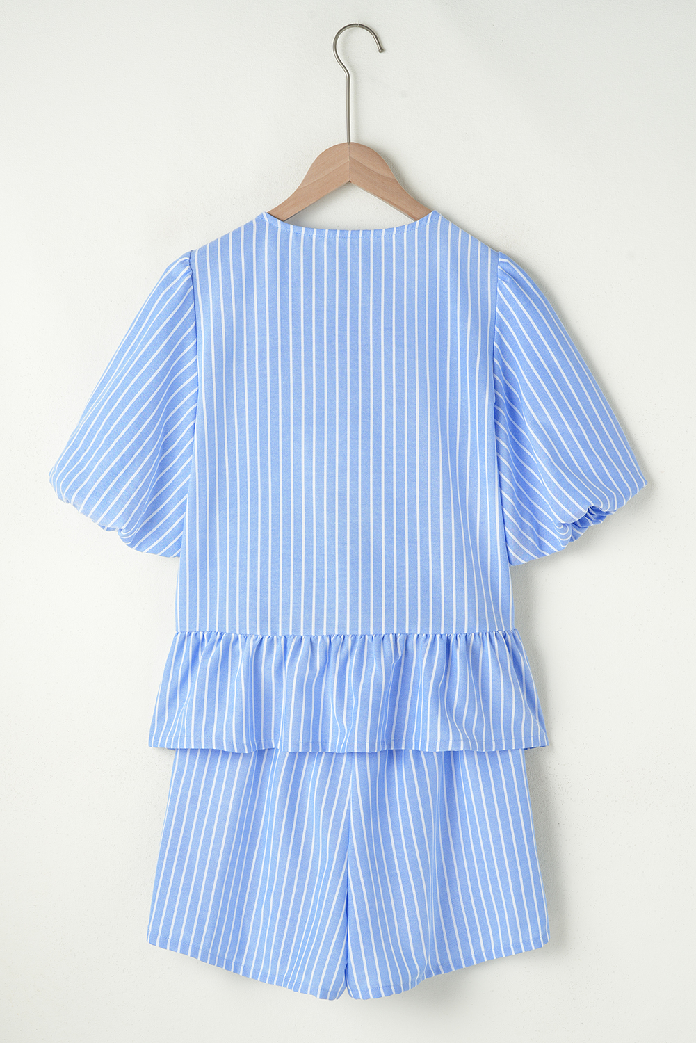 Sky Blue Striped Bowknot Detail Puffy Sleeve Top and Shorts 2Pcs Set - Image 7