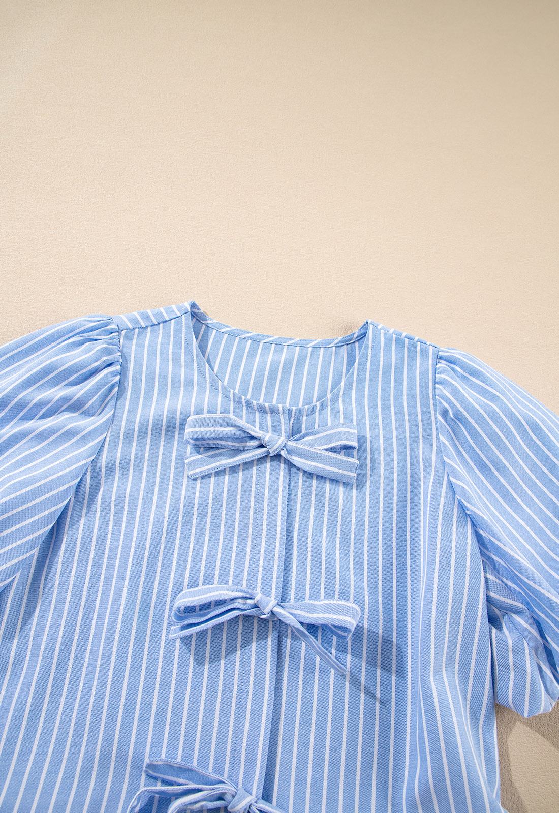Sky Blue Striped Bowknot Detail Puffy Sleeve Top and Shorts 2Pcs Set - Image 8