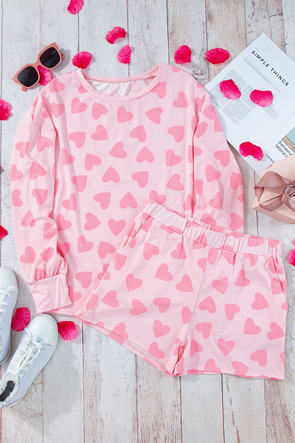 Pink Valentine Heart Shape Print Long Sleeve Top Shorts Lounge Set - Image 3