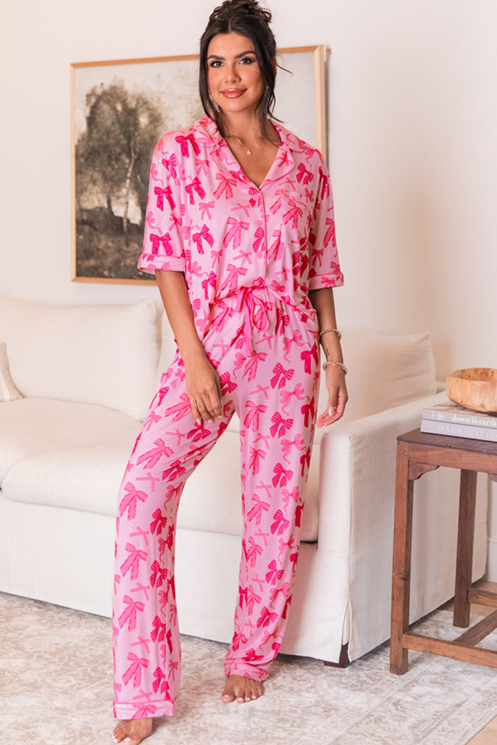 Pink Bow Knot Print Lapel Collar Short Sleeve and Pants Pajamas Set - Image 2