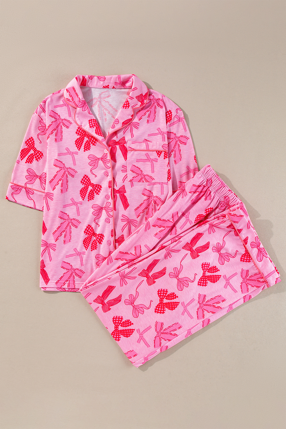 Pink Bow Knot Print Lapel Collar Short Sleeve and Pants Pajamas Set - Image 5