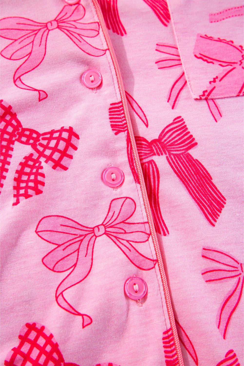 Pink Bow Knot Print Lapel Collar Short Sleeve and Pants Pajamas Set - Image 8