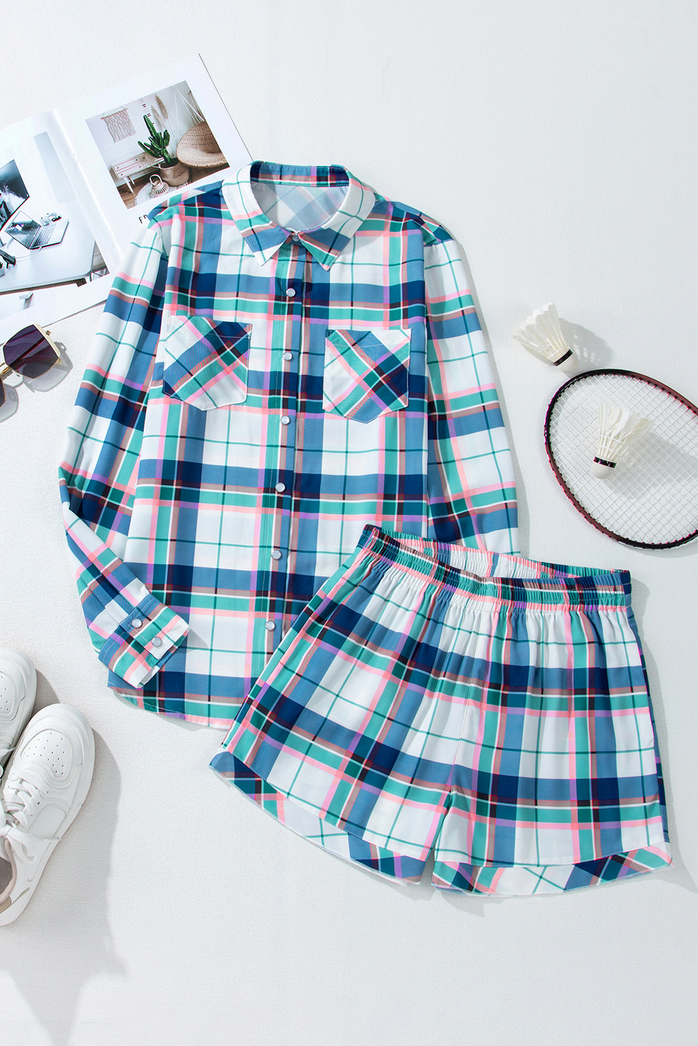 Blue Plaid Print Shirt and Shorts 2Pcs Lounge Set - Image 8