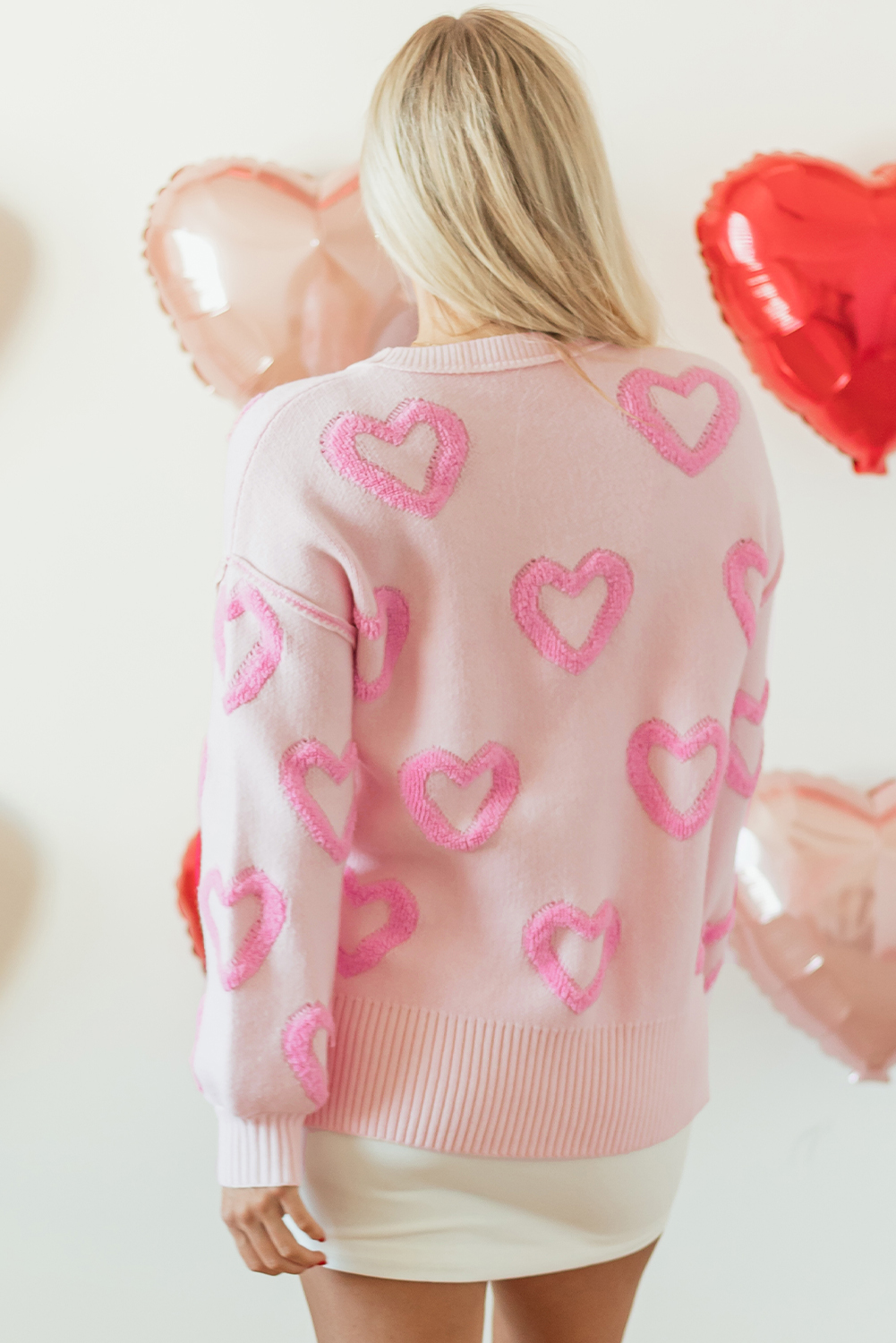 Pink Heart Shape Bubble Sleeve Baggy Sweater - Image 2