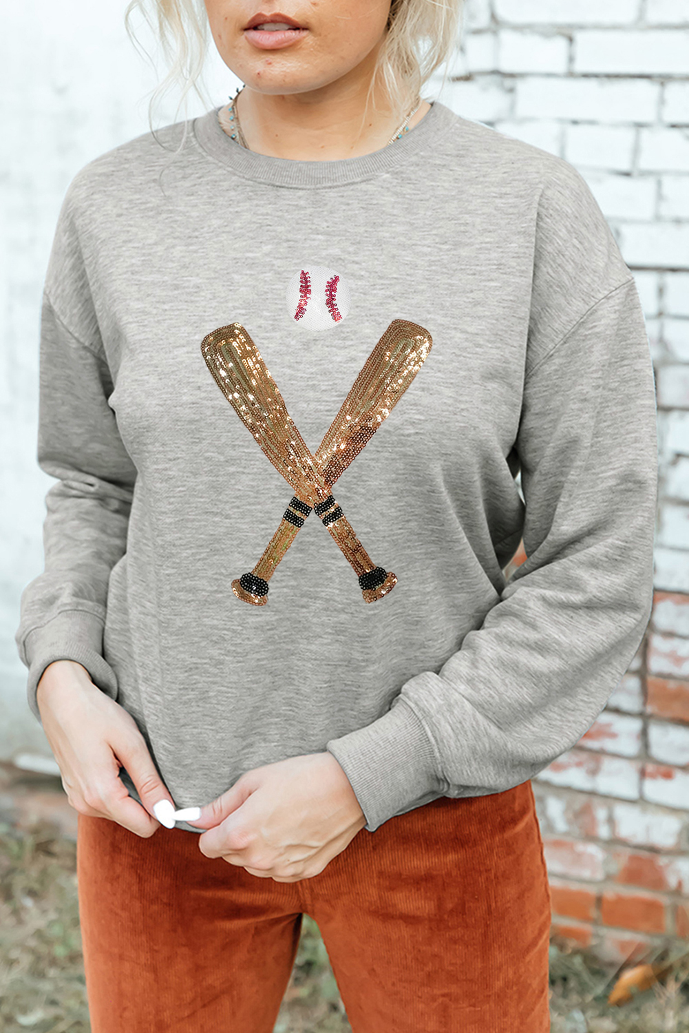 Gray Sequin Baseball Graphic Crewneck Game Day Sweatshirt - Image 3