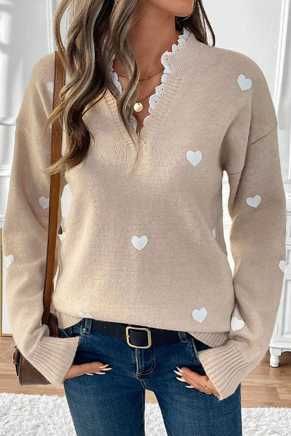 Smoke Gray Heart Print Lace Splicing V Neck Valentines Sweater - Image 5