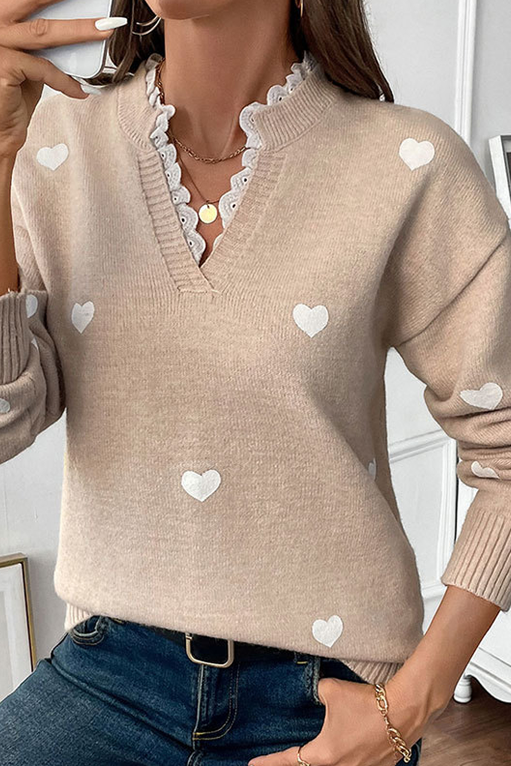 Smoke Gray Heart Print Lace Splicing V Neck Valentines Sweater - Image 6