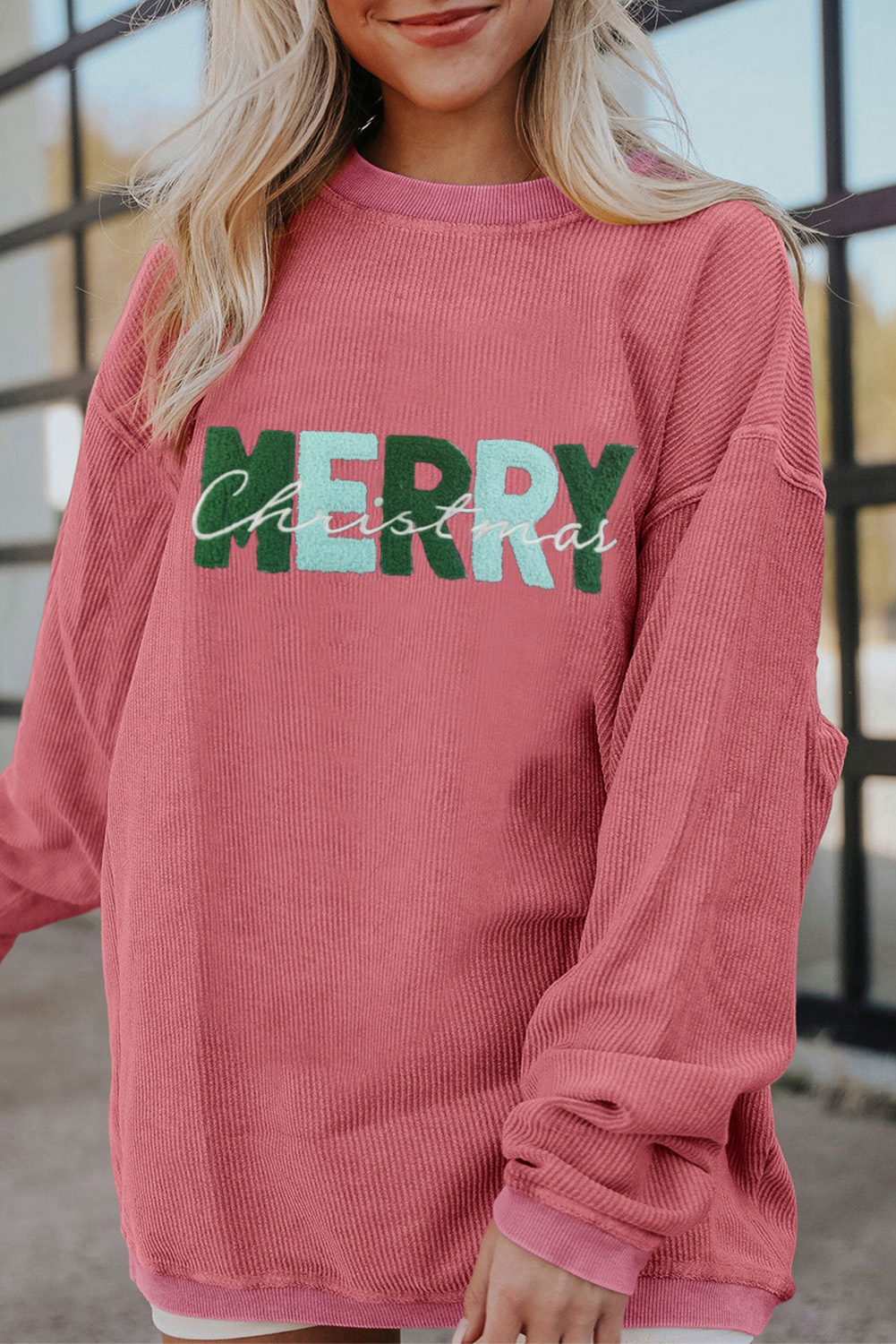 Strawberry Pink MERRY Christmas Chenille Embroidered Corded Sweatshirt - Image 2