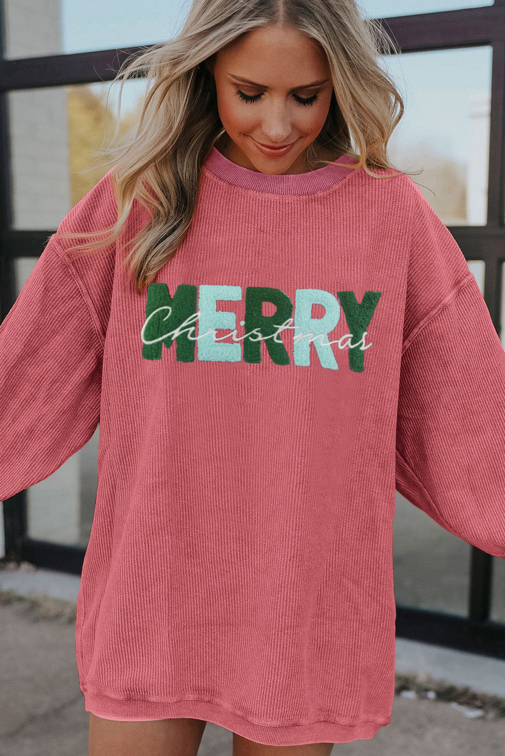 Strawberry Pink MERRY Christmas Chenille Embroidered Corded Sweatshirt - Image 3