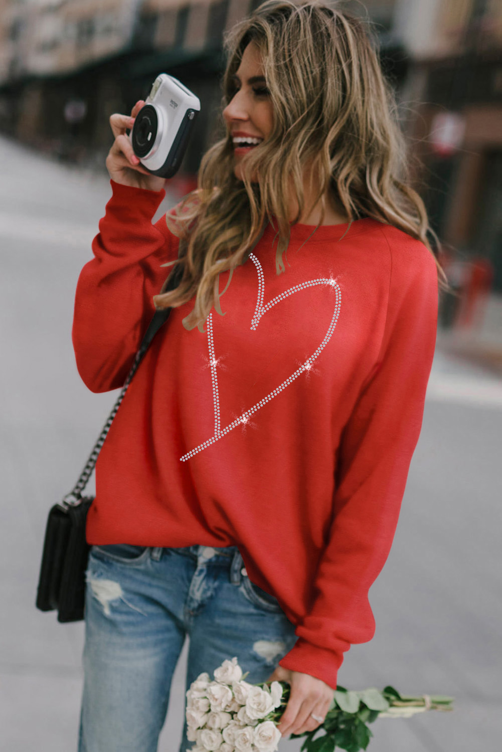Fiery Red Rhinestone Heart Shaped Long Sleeve Sweatshirt - Image 3