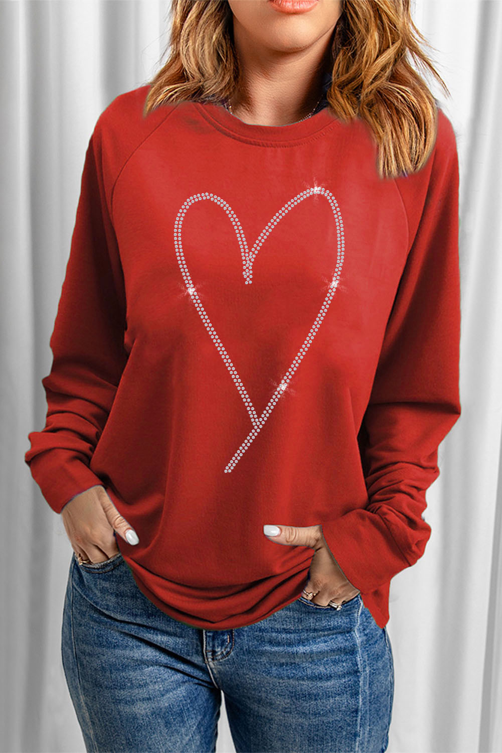 Fiery Red Rhinestone Heart Shaped Long Sleeve Sweatshirt - Image 4