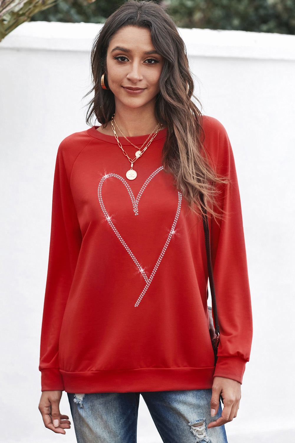Fiery Red Rhinestone Heart Shaped Long Sleeve Sweatshirt - Image 5