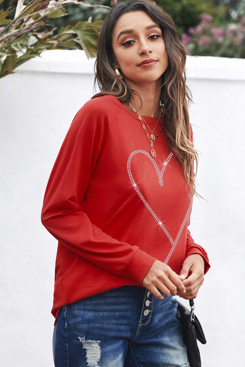 Fiery Red Rhinestone Heart Shaped Long Sleeve Sweatshirt - Image 6