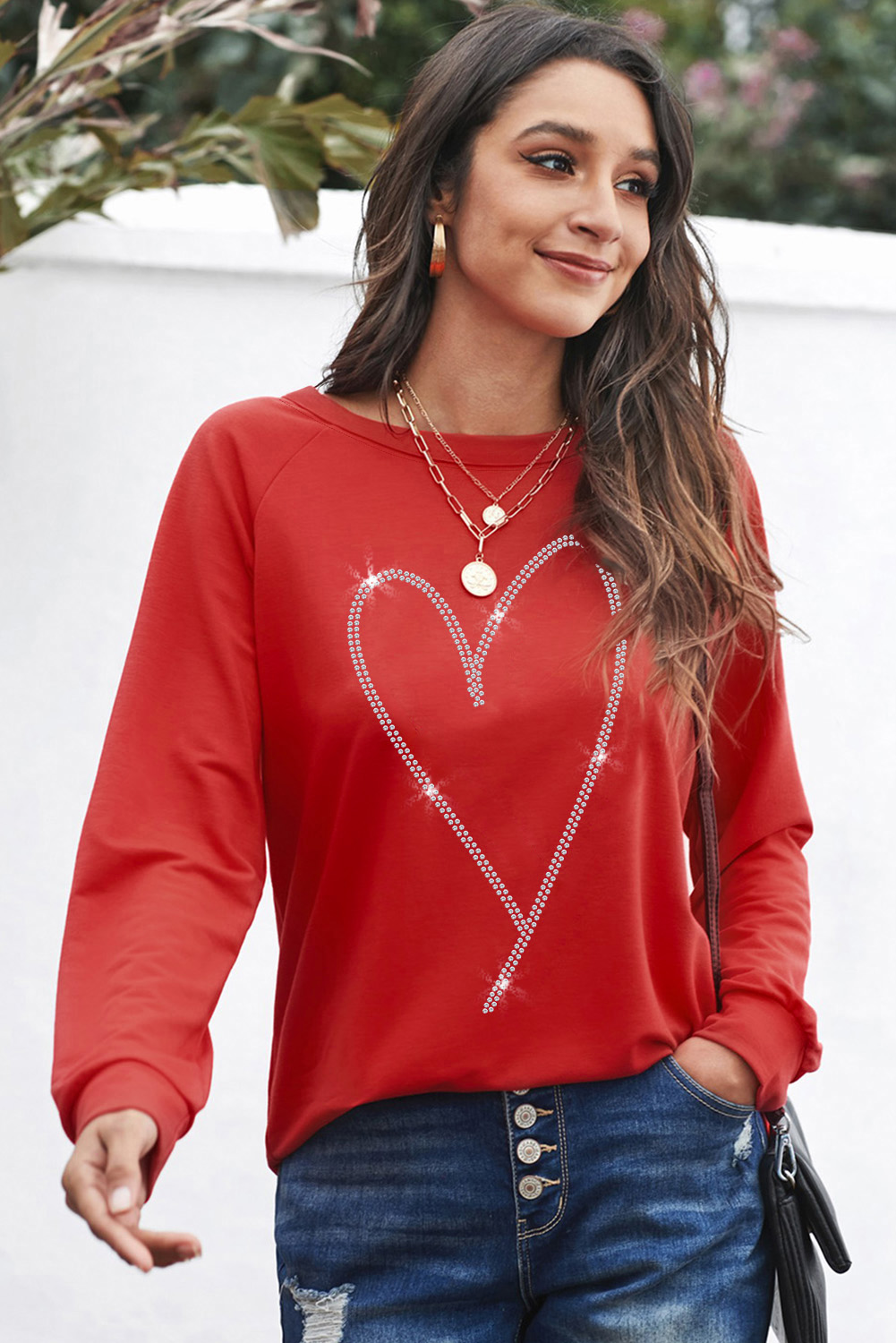 Fiery Red Rhinestone Heart Shaped Long Sleeve Sweatshirt - Image 7