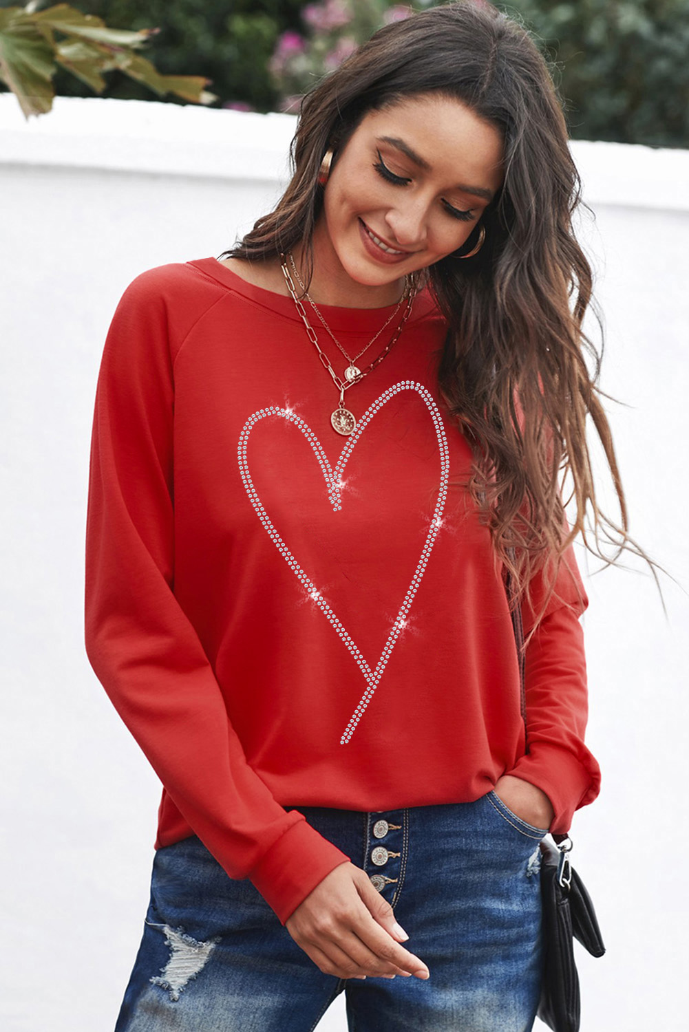 Fiery Red Rhinestone Heart Shaped Long Sleeve Sweatshirt - Image 8