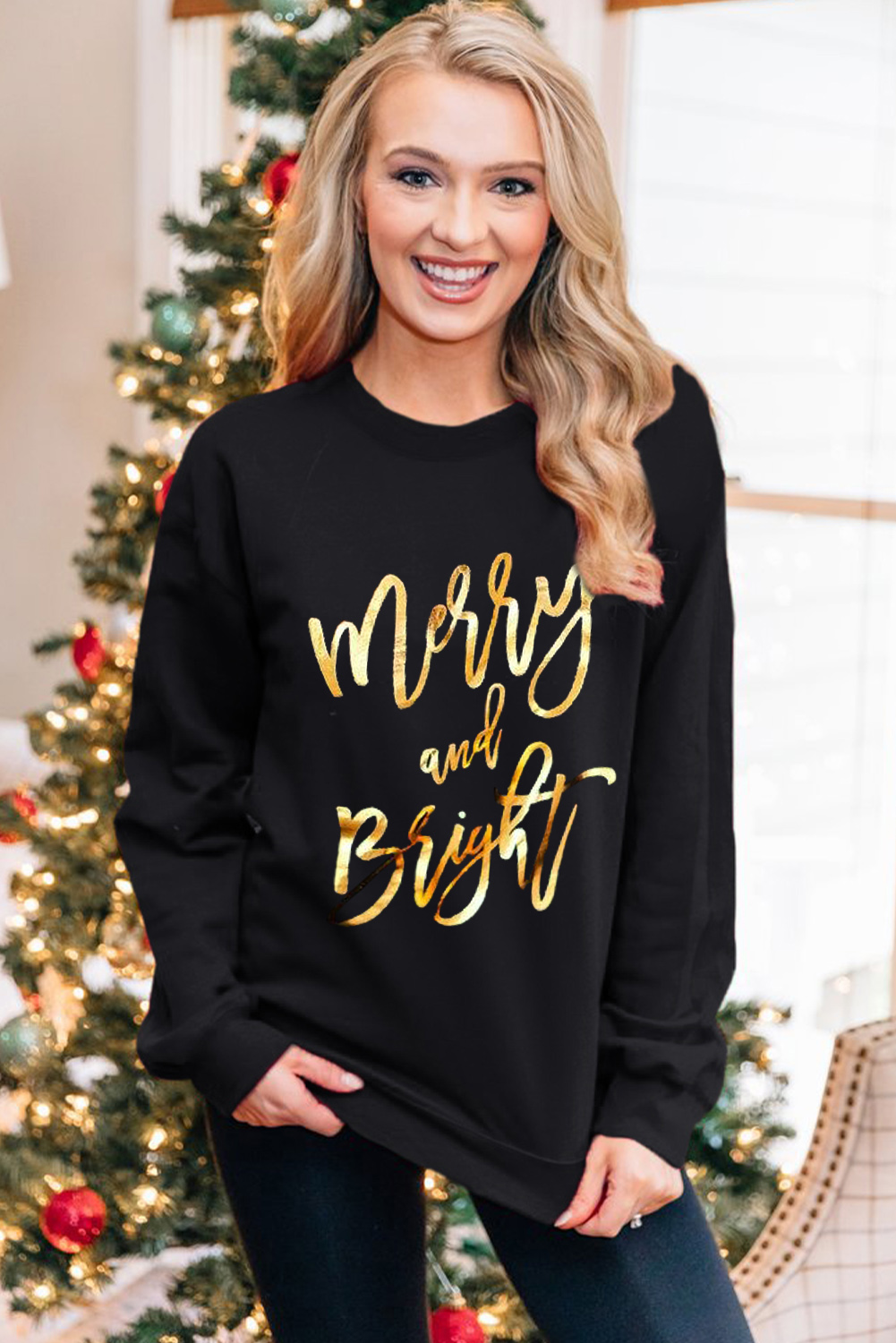 Black Merry & Bright Letter Print Pullover Sweatshirt - Image 3