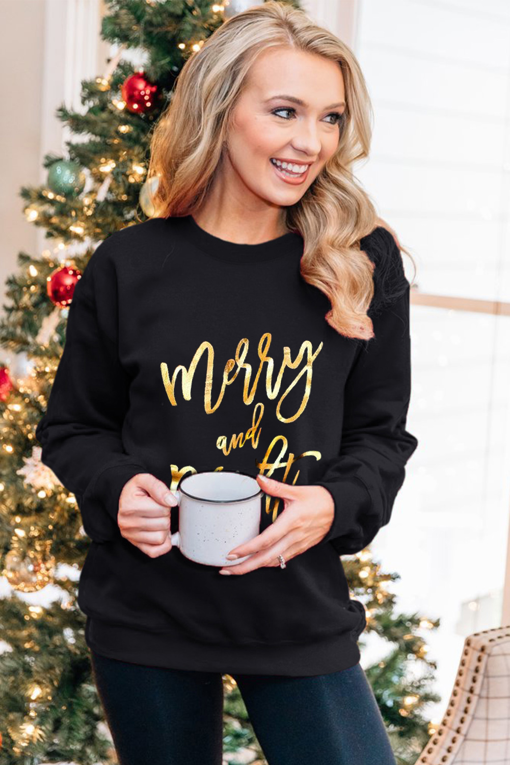 Black Merry & Bright Letter Print Pullover Sweatshirt - Image 4