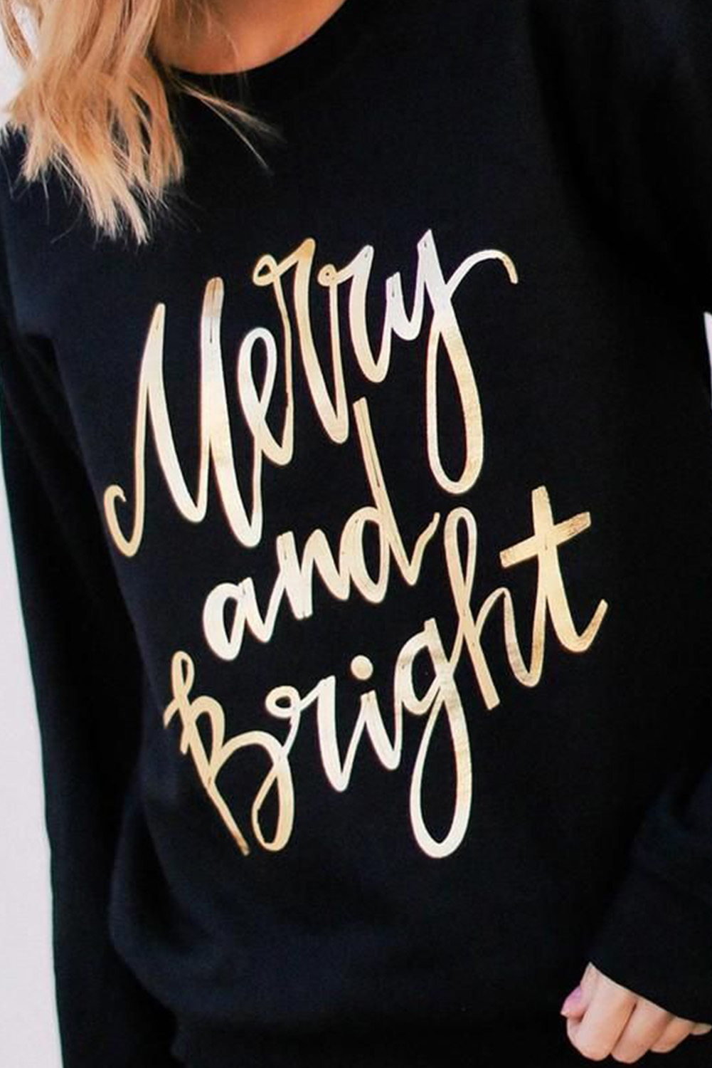 Black Merry & Bright Letter Print Pullover Sweatshirt - Image 5
