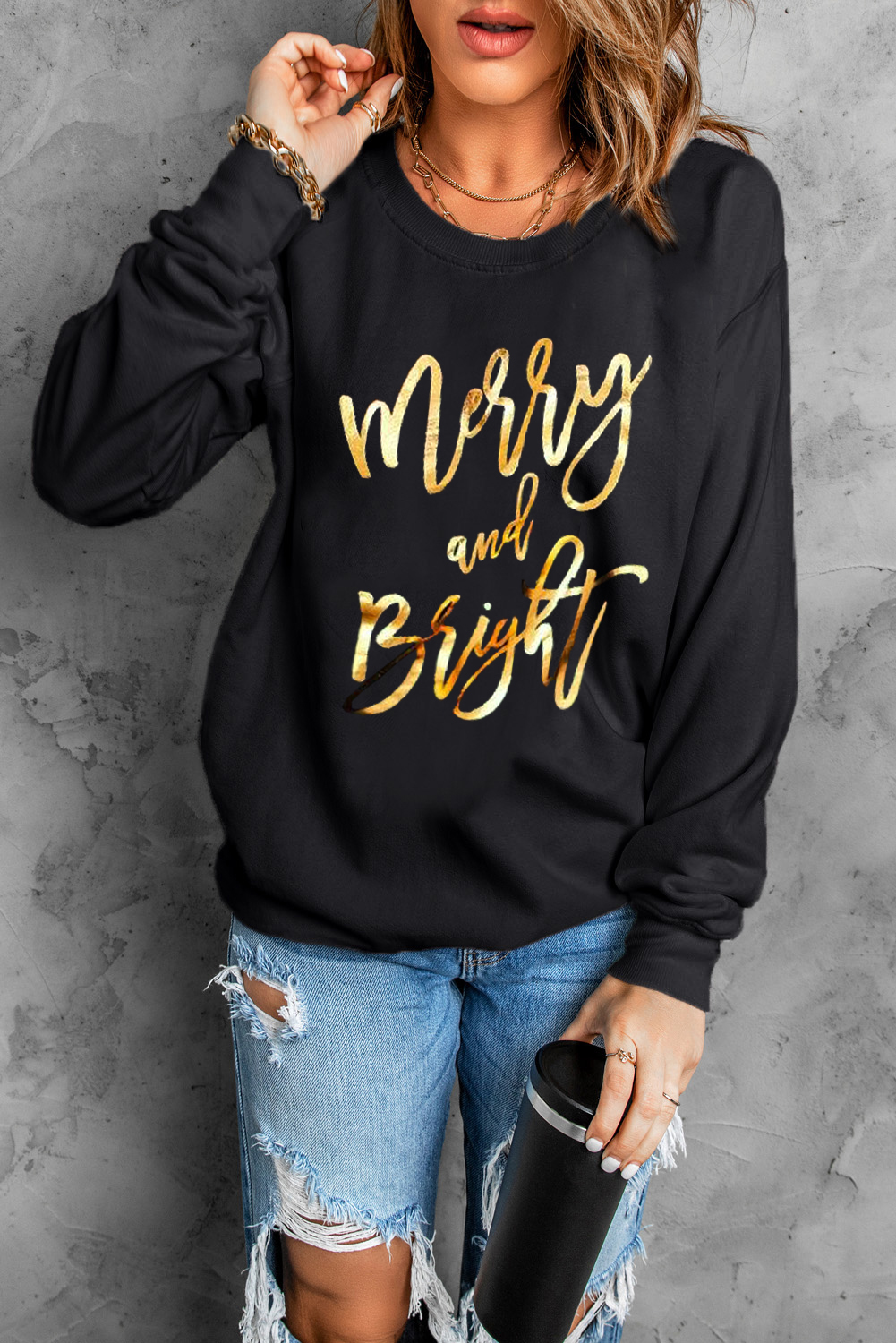 Black Merry & Bright Letter Print Pullover Sweatshirt - Image 6