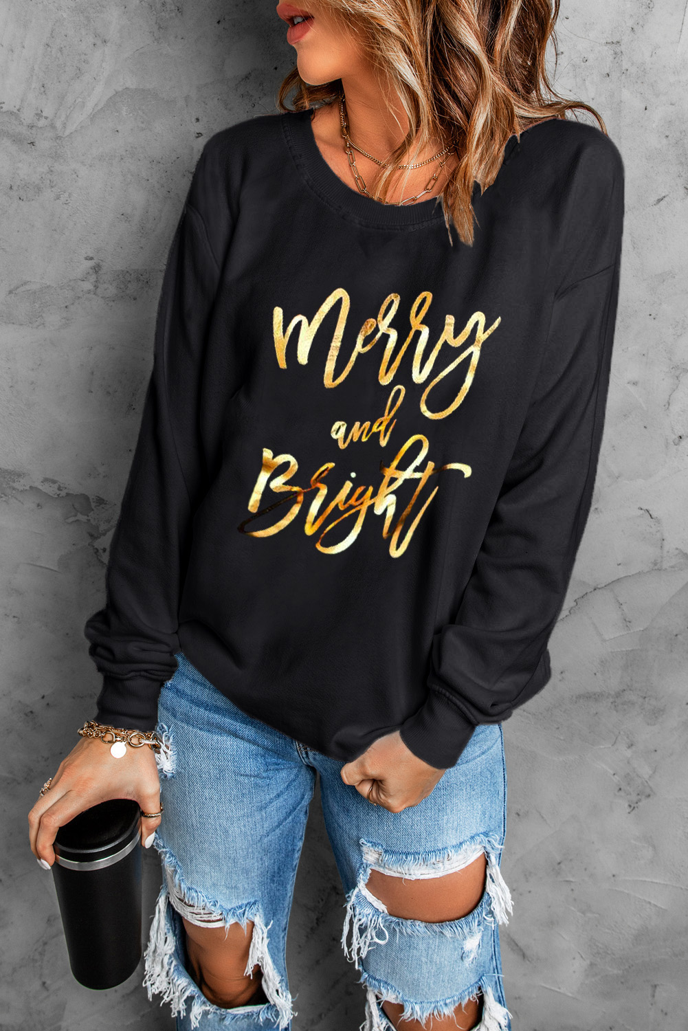 Black Merry & Bright Letter Print Pullover Sweatshirt - Image 8