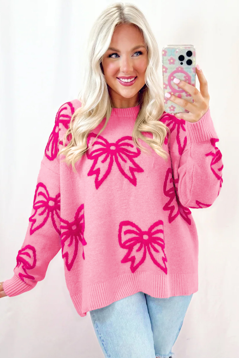 Pink Bow Pattern Drop Shoulder Loose Sweater - Image 4