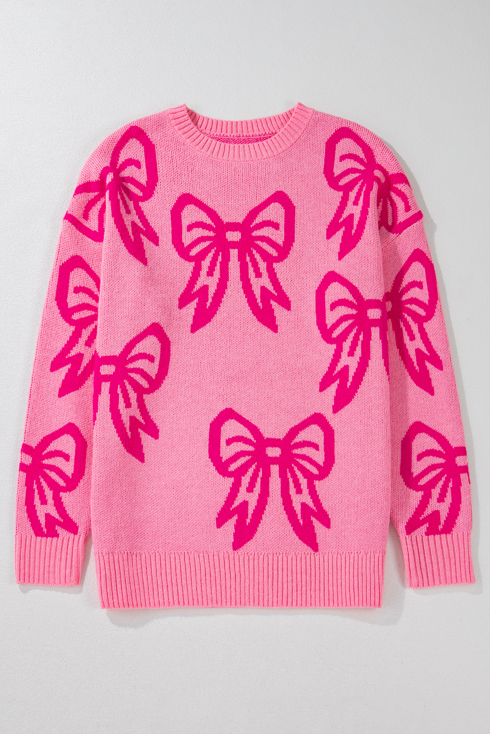 Pink Bow Pattern Drop Shoulder Loose Sweater - Image 5