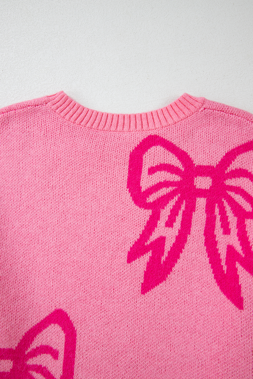 Pink Bow Pattern Drop Shoulder Loose Sweater - Image 7