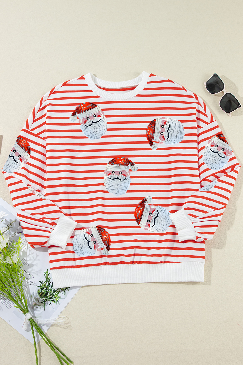 Orange Stripe Sequin Santa Claus Pattern Christmas Pullover Sweatshirt - Image 5