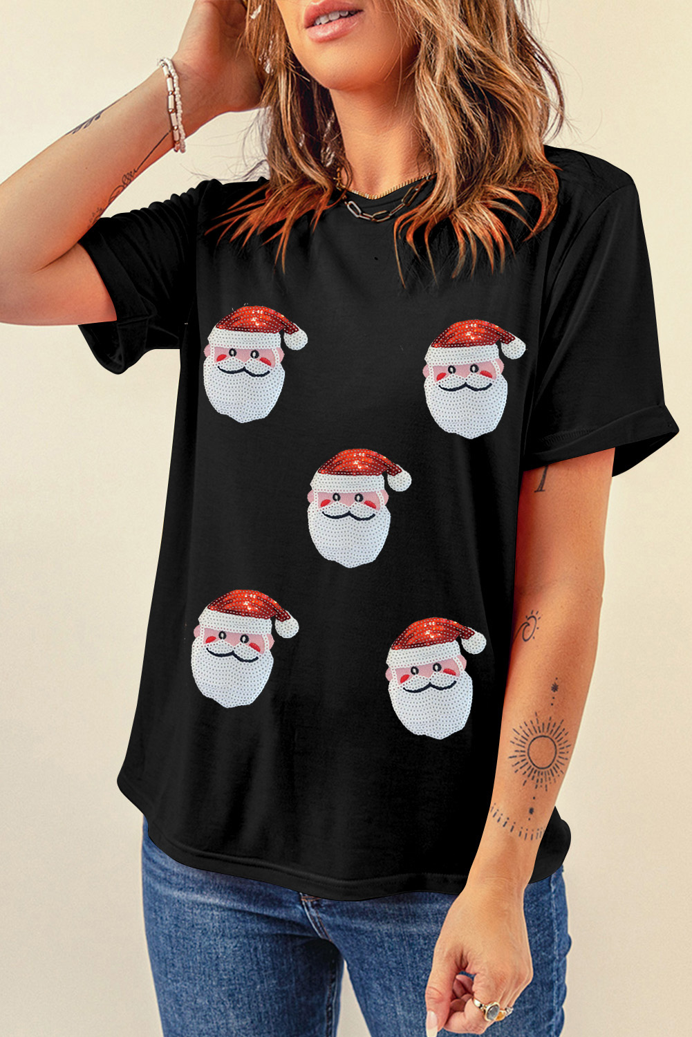Black Faux Sequin Christmas Claus Pattern Crewneck T Shirt - Image 3