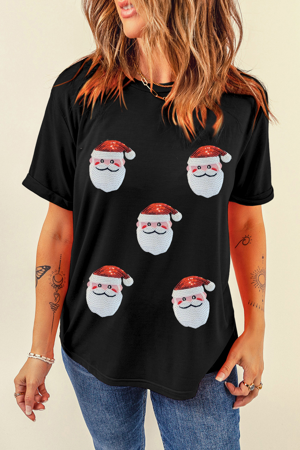 Black Faux Sequin Christmas Claus Pattern Crewneck T Shirt - Image 5