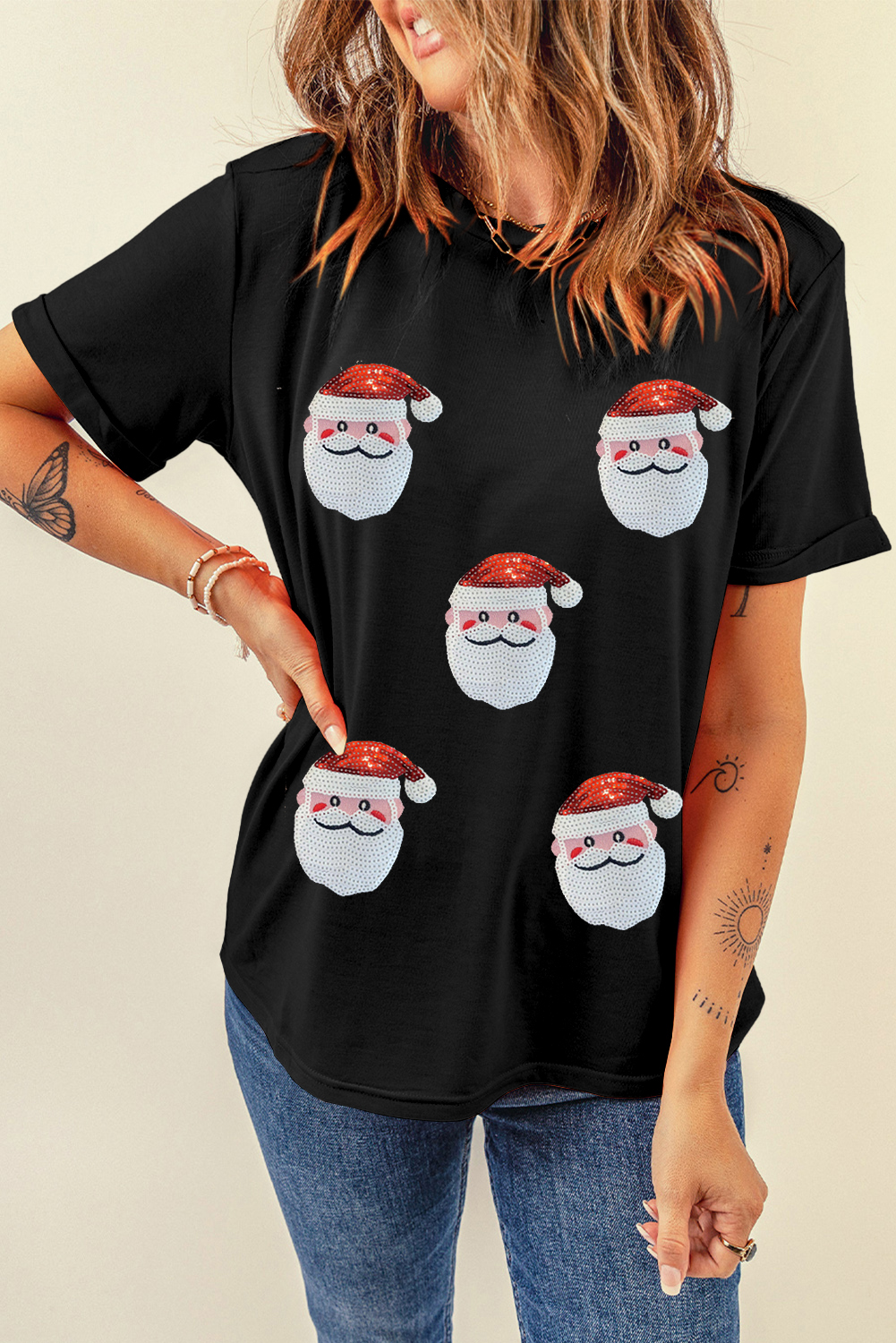 Black Faux Sequin Christmas Claus Pattern Crewneck T Shirt - Image 6
