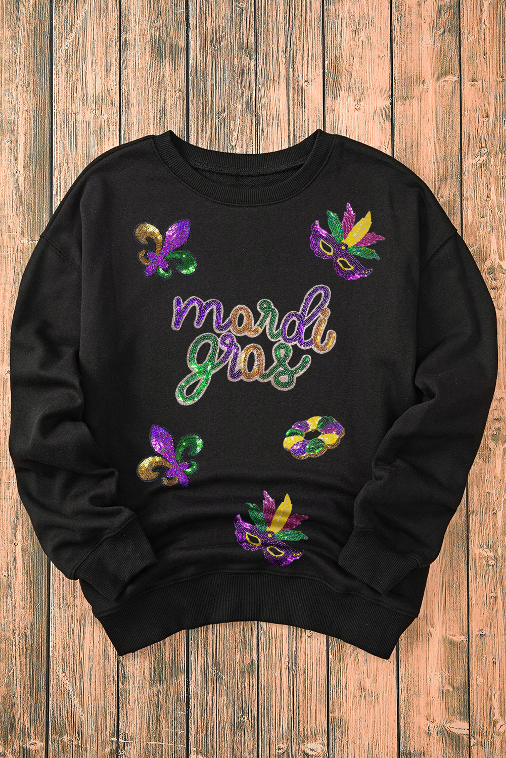 Black Sequin mardi gras Fleur de Lis Graphic Pullover Sweatshirt - Image 5