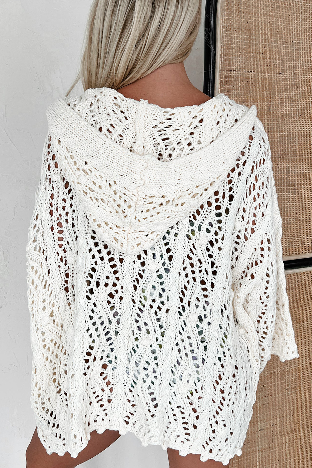 White Fashion Open Knit Hooded Beach Cover Up - Image 3