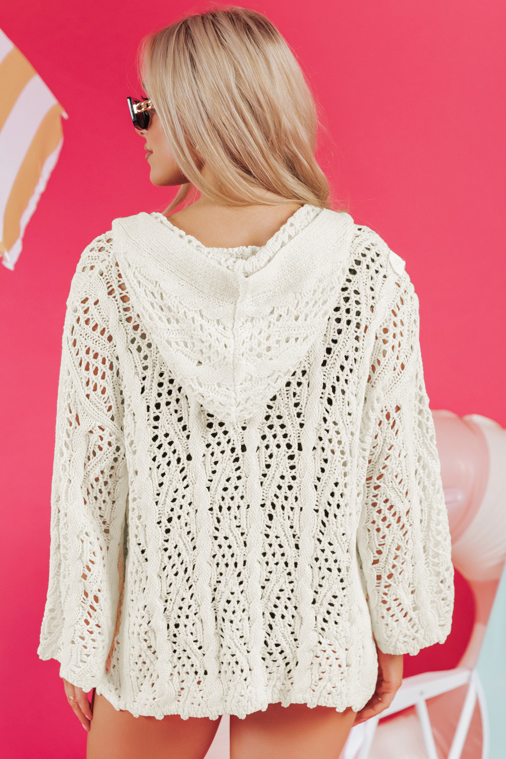 White Fashion Open Knit Hooded Beach Cover Up - Image 4