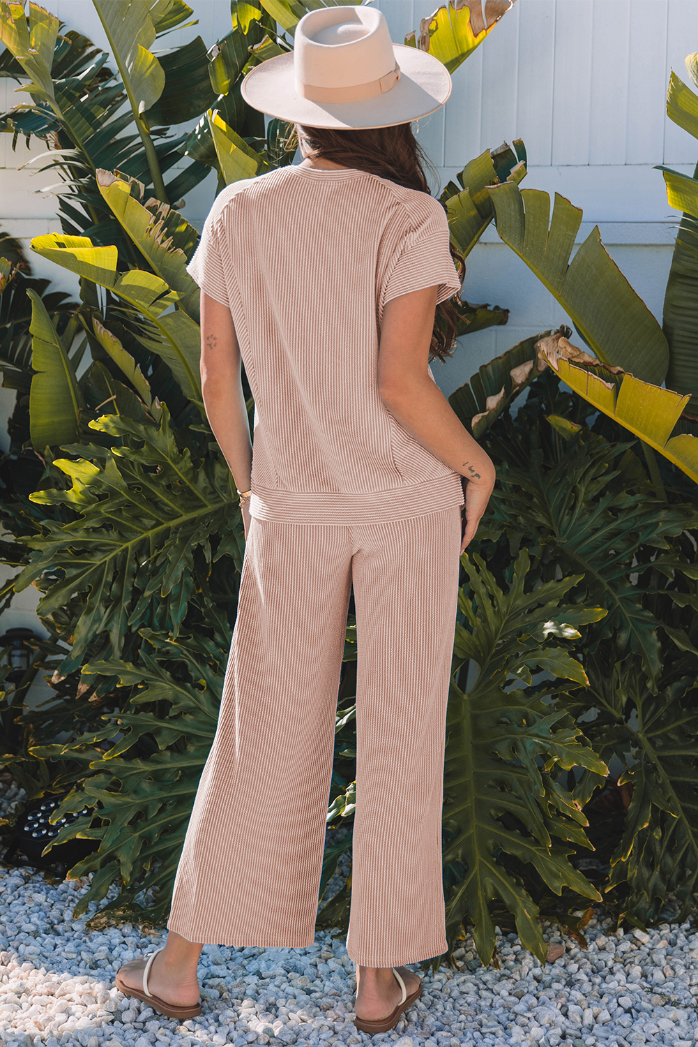 Smoke Gray Solid Corded Knit Short Sleeve T Shirt and Wide Leg Pants Set - Image 10