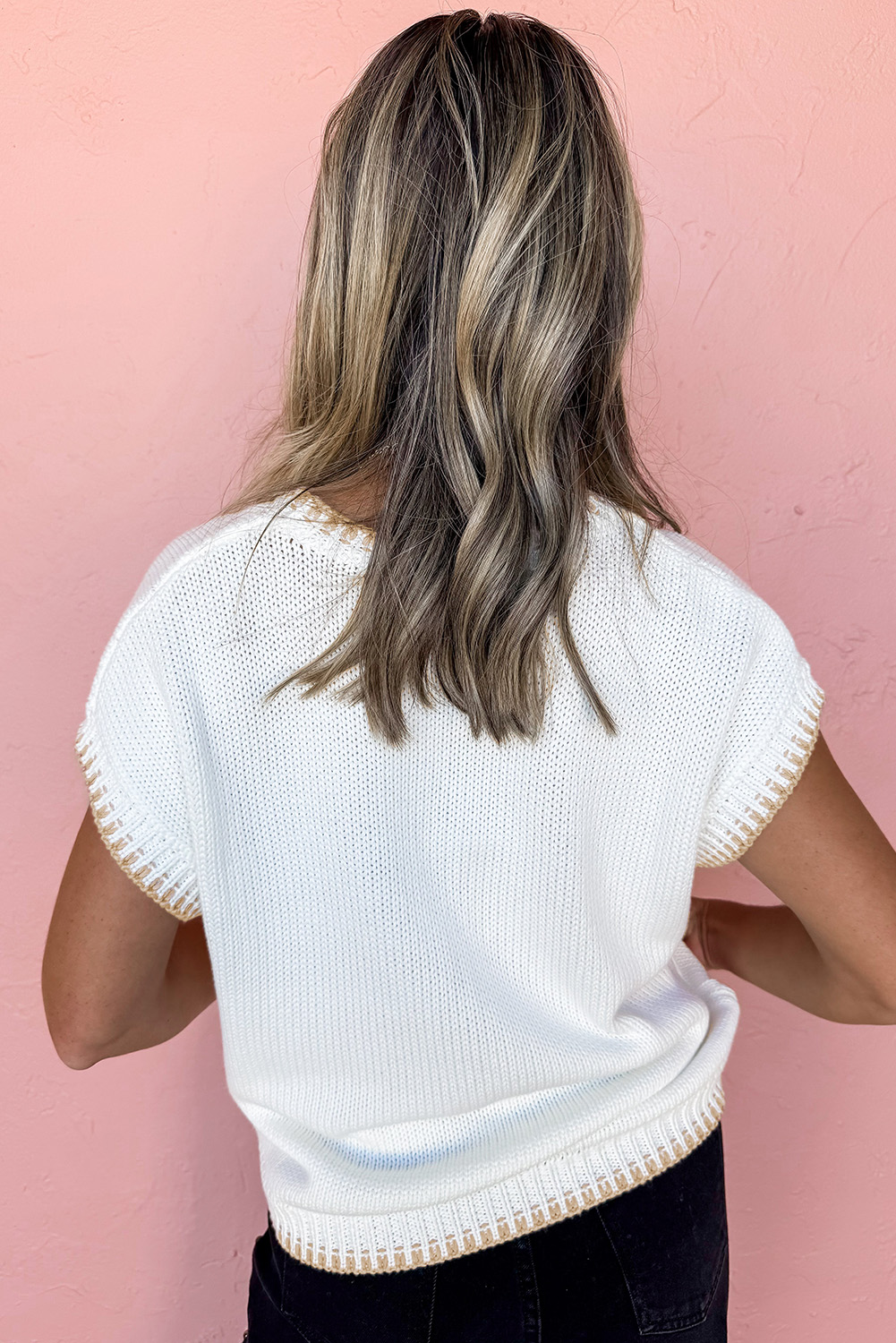 White Knitted YEEHAW Stitch Edge Crew Neck Sweater T Shirt - Image 2