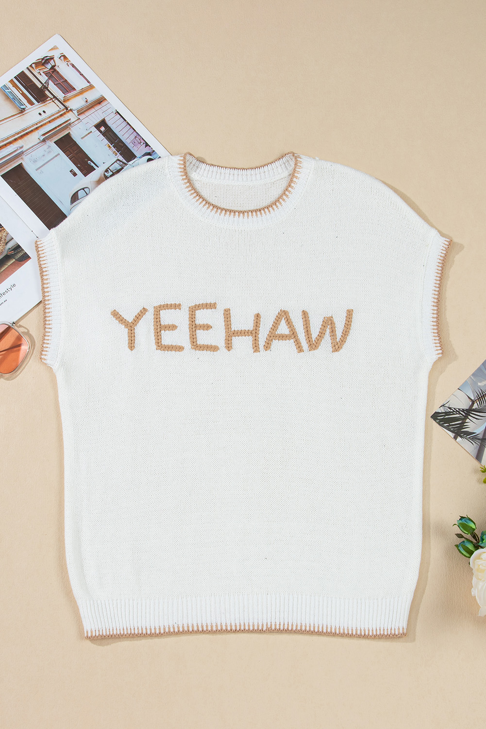 White Knitted YEEHAW Stitch Edge Crew Neck Sweater T Shirt - Image 6