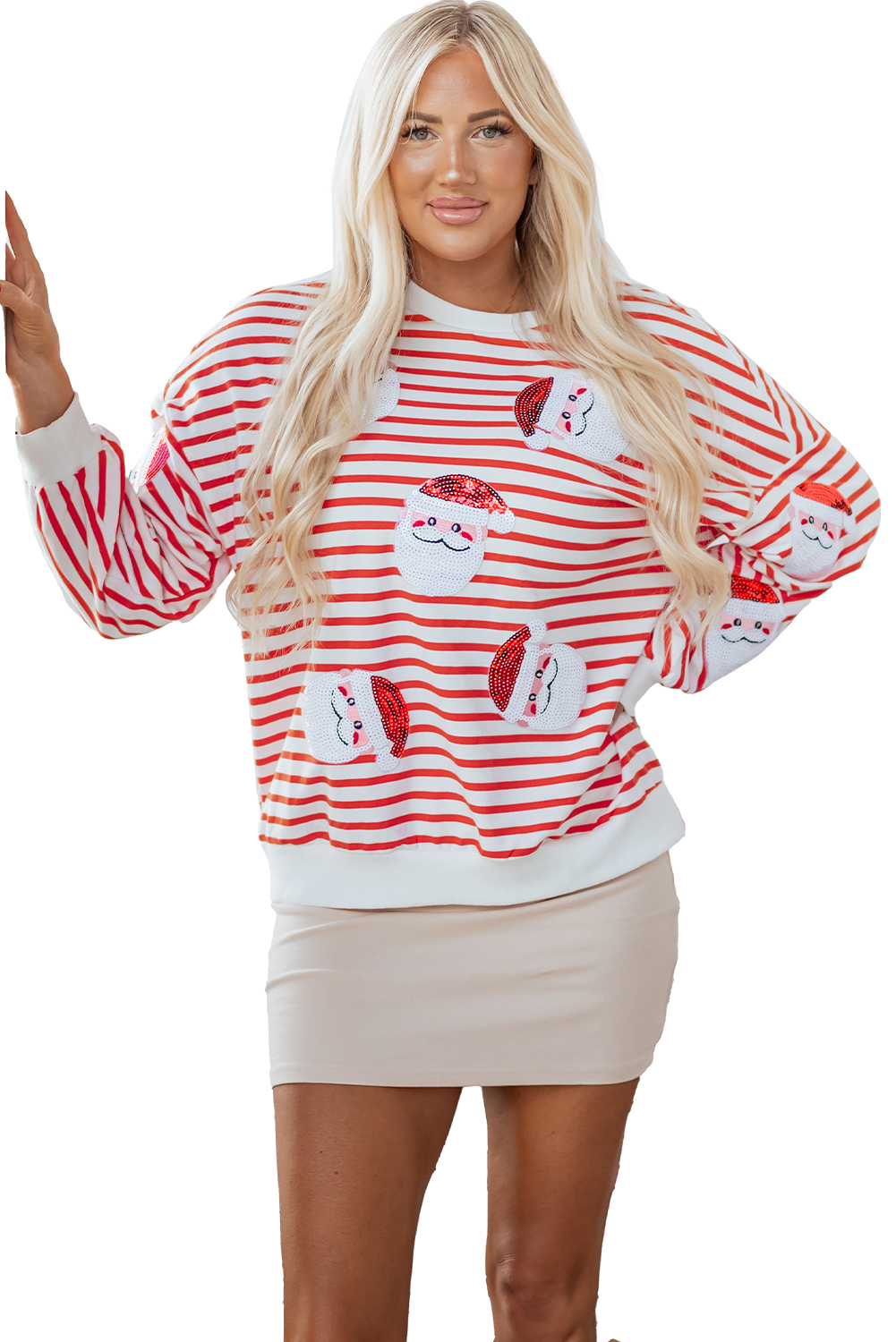 Orange Stripe Sequin Santa Claus Pattern Christmas Pullover Sweatshirt - Image 15